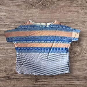 Element Blue and Orange Patterned Wide Neck Short Sleeve Top